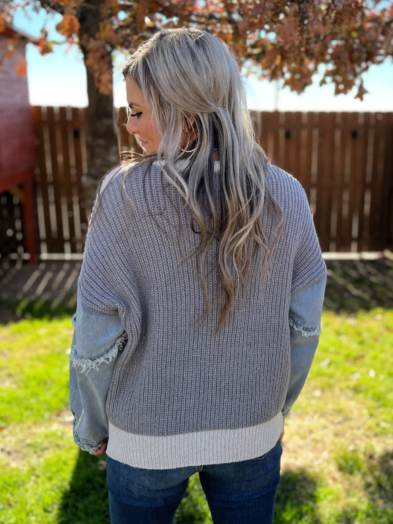 Frayed Denim Sleeve Sweater Top - 4 Color Options