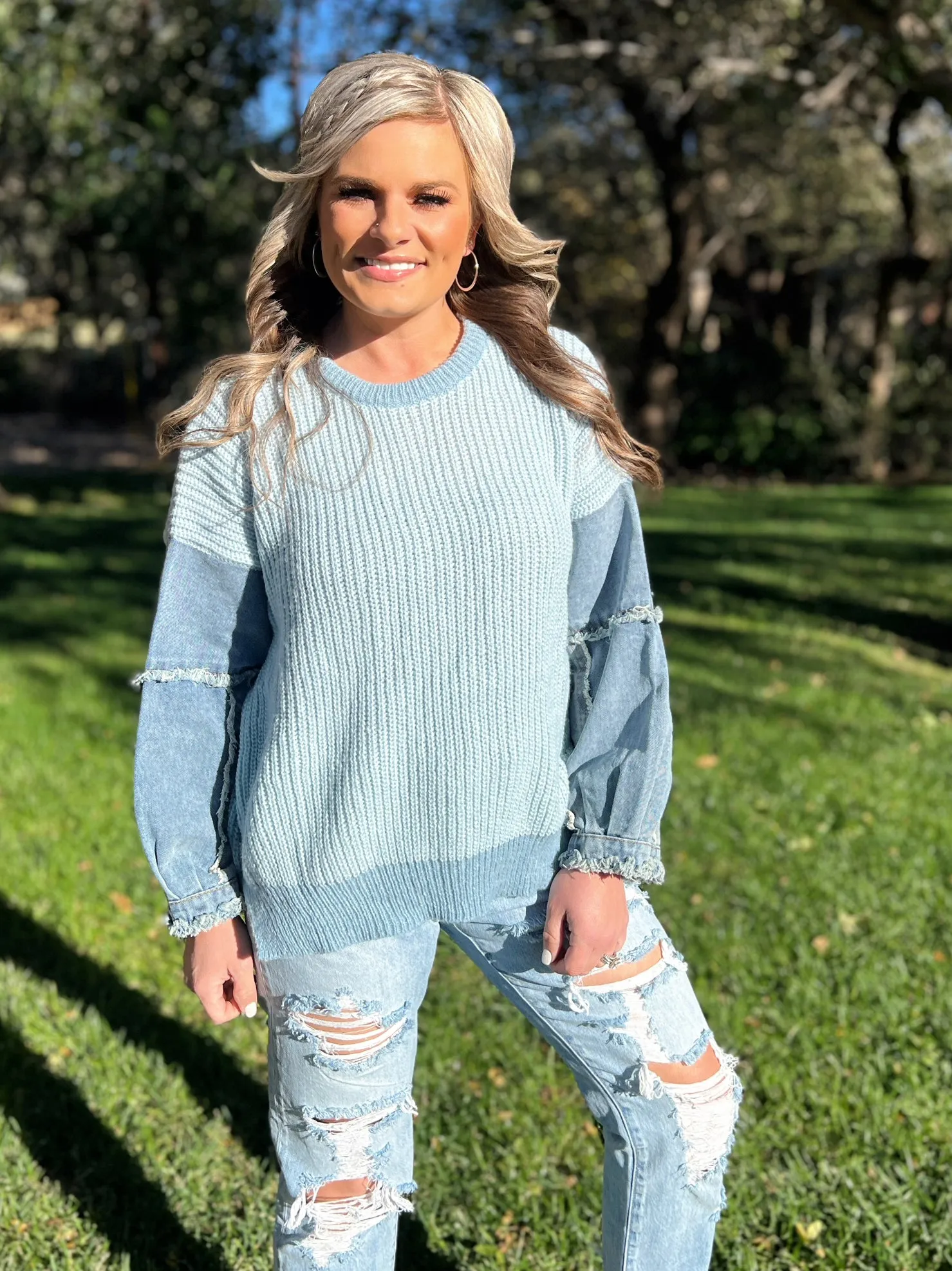 Frayed Denim Sleeve Sweater Top - 4 Color Options