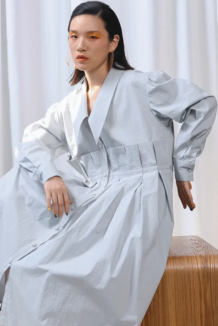 Fresh Cotton Tie Belt Waist Large Loose Pleated Shirt Dress Ruffles Poplin