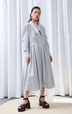 Fresh Cotton Tie Belt Waist Large Loose Pleated Shirt Dress Ruffles Poplin