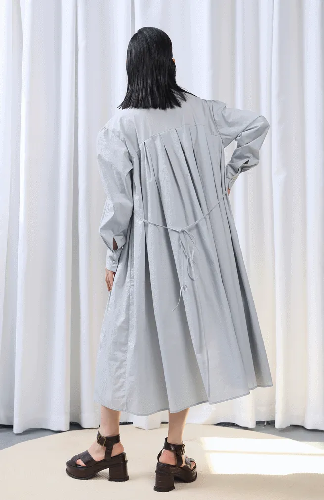 Fresh Cotton Tie Belt Waist Large Loose Pleated Shirt Dress Ruffles Poplin