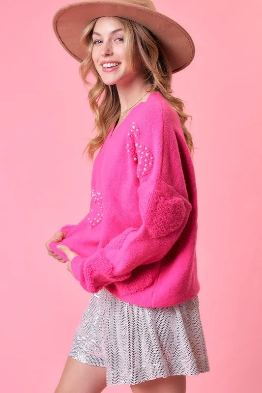 Fuchsia Heart Print Pearl Trim Oversize Sweater