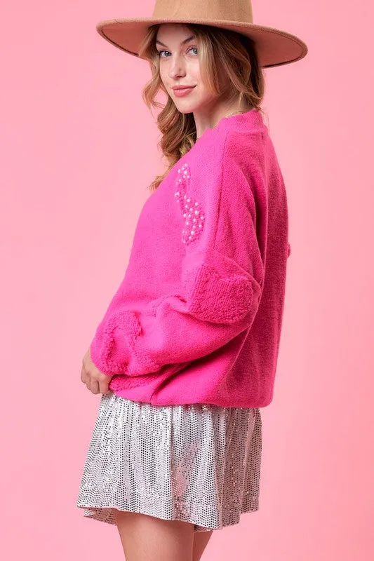 Fuchsia Heart Print Pearl Trim Oversize Sweater