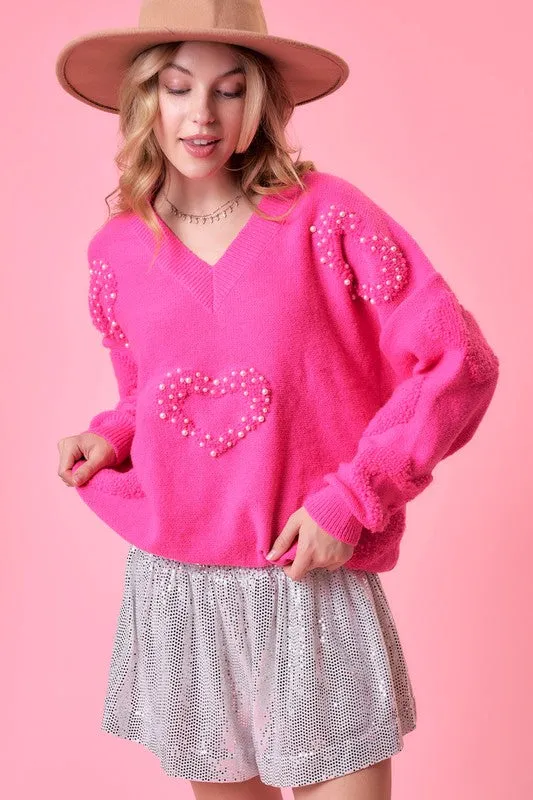 Fuchsia Heart Print Pearl Trim Oversize Sweater