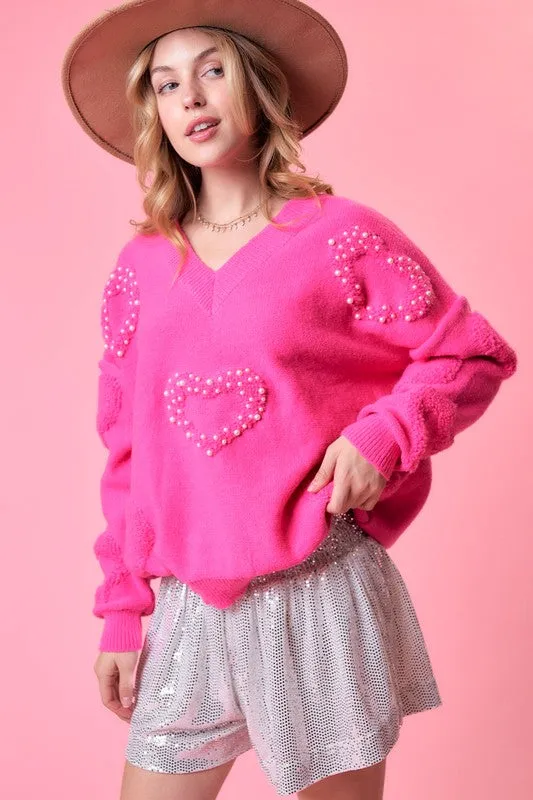 Fuchsia Heart Print Pearl Trim Oversize Sweater