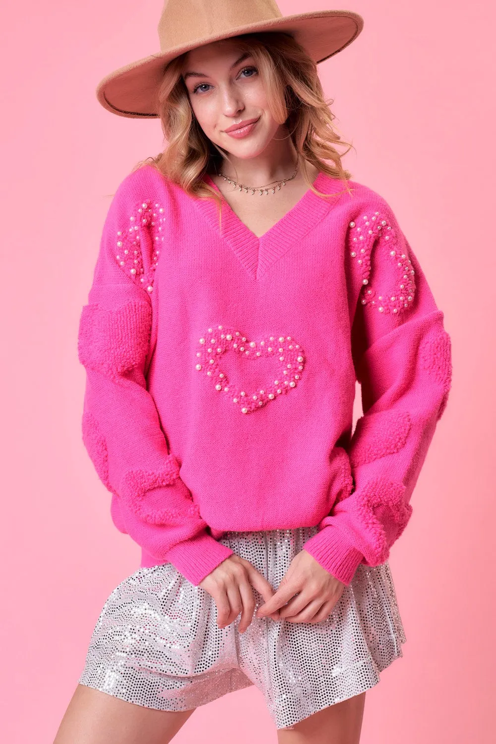 Fuchsia Heart Print Pearl Trim Oversize Sweater