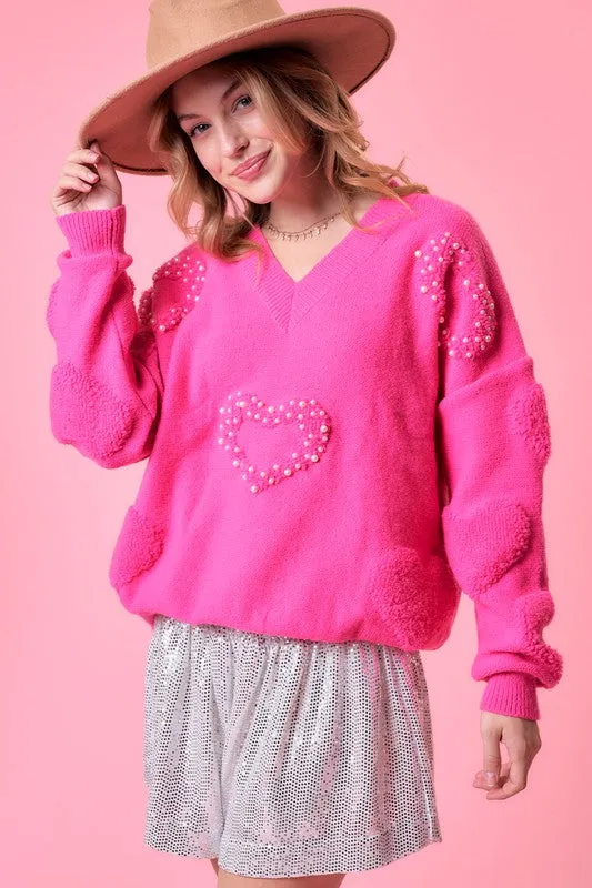 Fuchsia Heart Print Pearl Trim Oversize Sweater