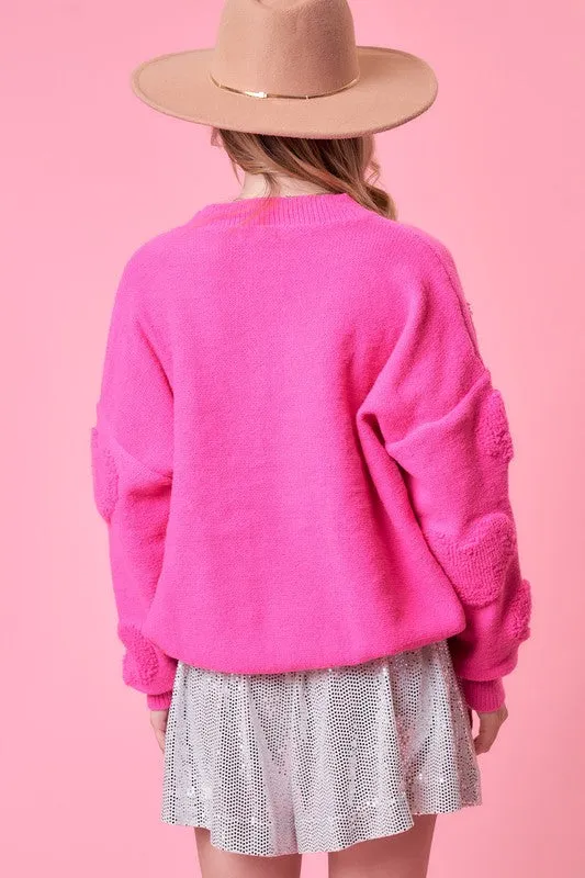 Fuchsia Heart Print Pearl Trim Oversize Sweater