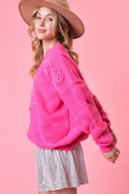 Fuchsia Heart Print Pearl Trim Oversize Sweater