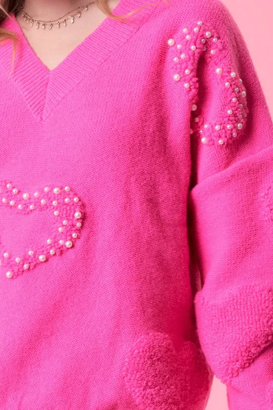 Fuchsia Heart Print Pearl Trim Oversize Sweater