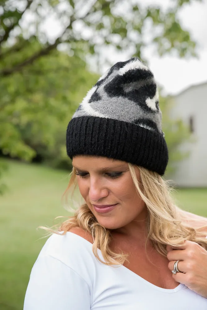 Fuzzy Leopard Beanie in Black [Online Exclusive]