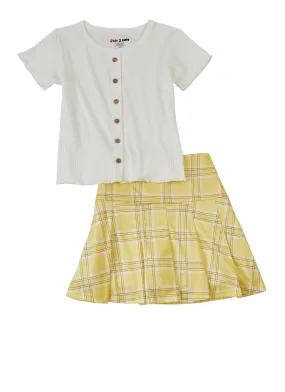 Girls Ribbed Button Front Top and Plaid Pleated Skirt