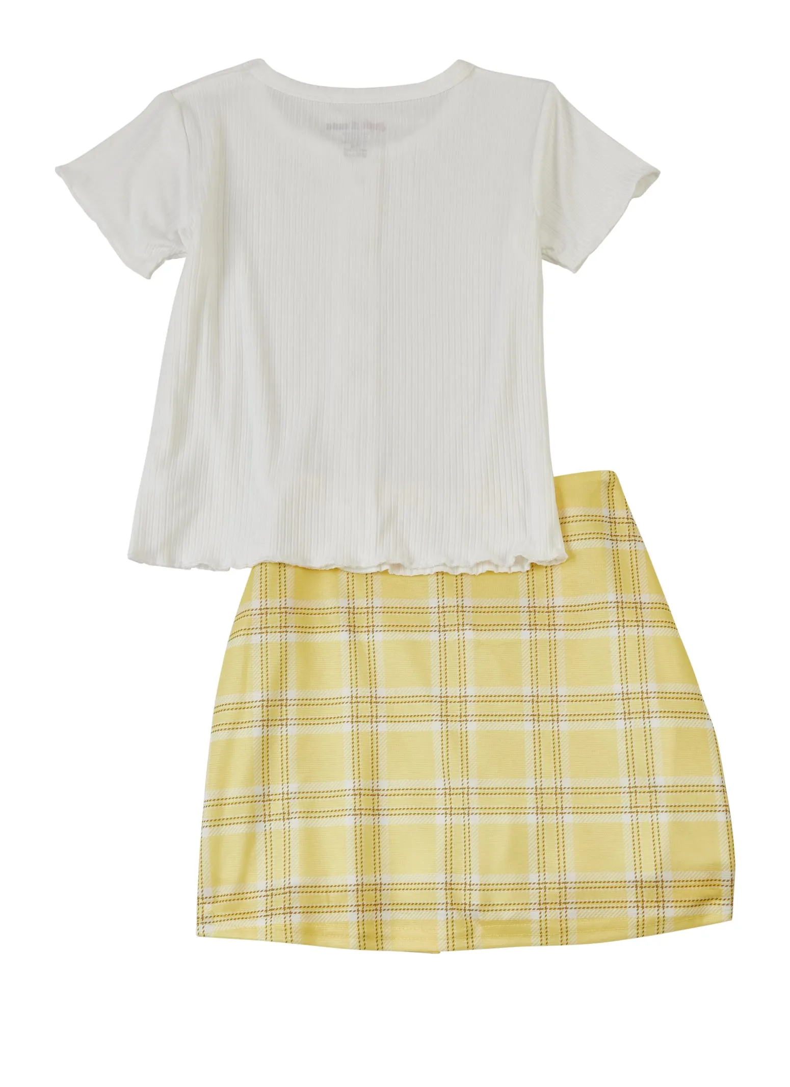 Girls Ribbed Button Front Top and Plaid Pleated Skirt