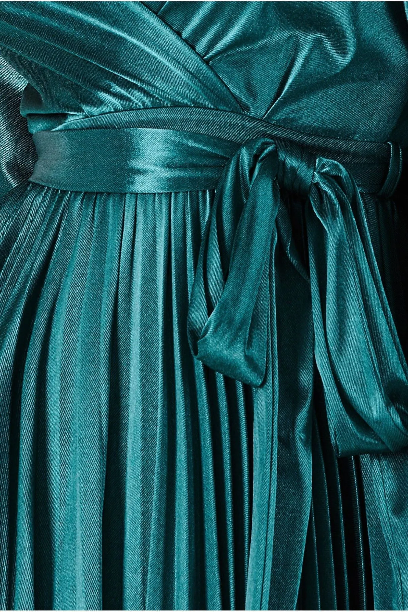 Goddiva Satin Pleated Skirt Wrap Midi Dress - Emerald Green