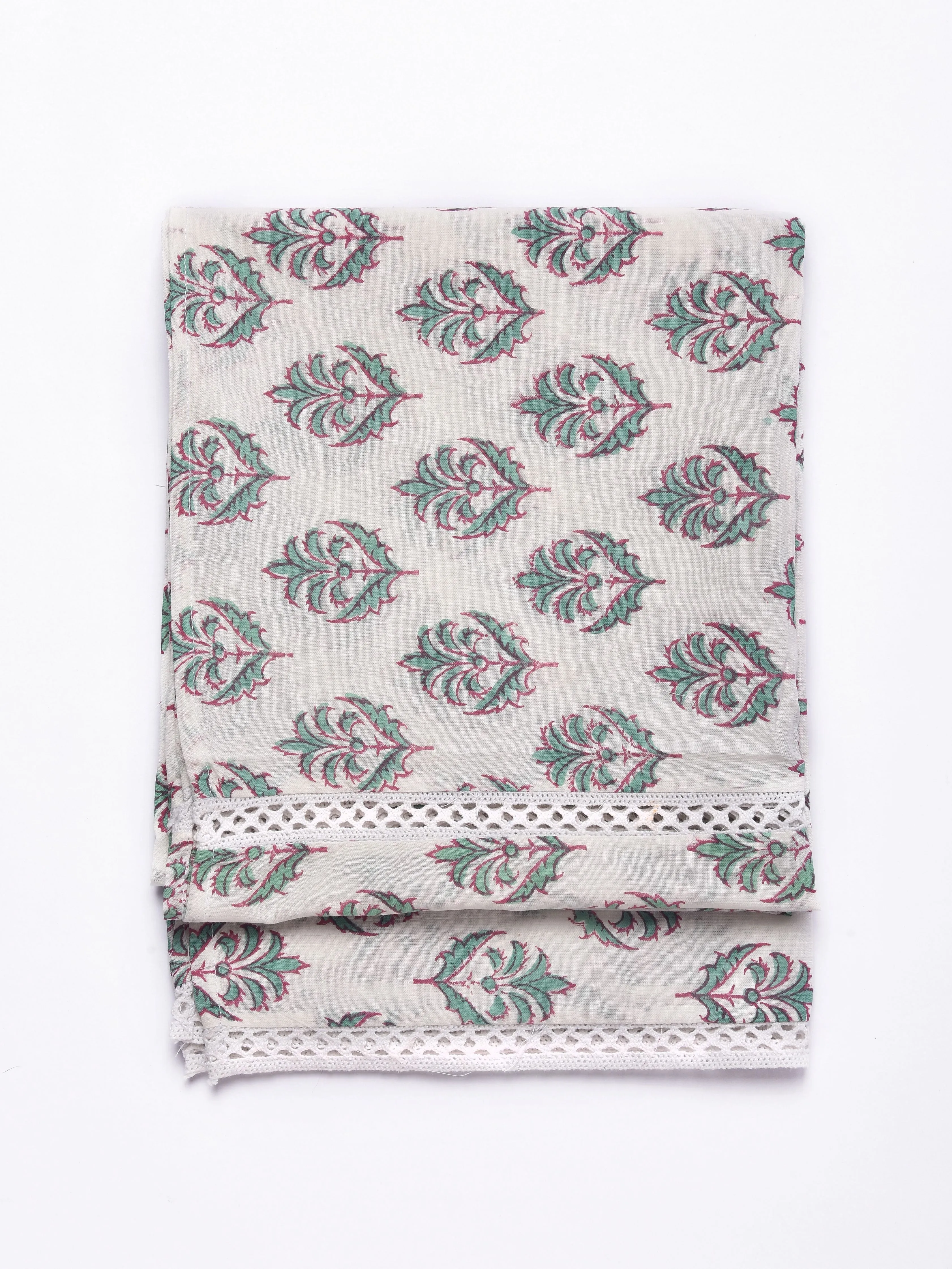 Green Buta On White Block Print Cotton Stole