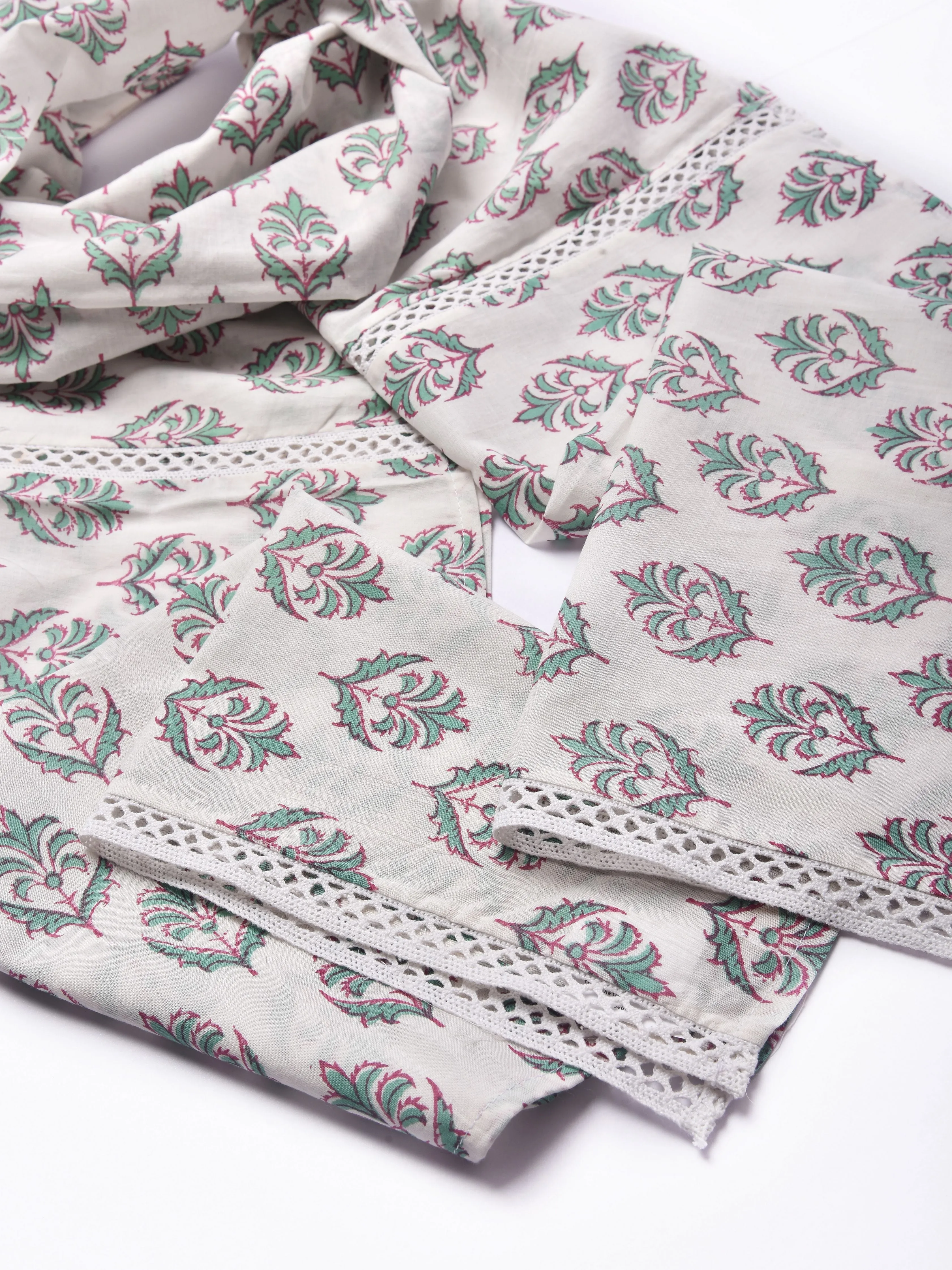 Green Buta On White Block Print Cotton Stole