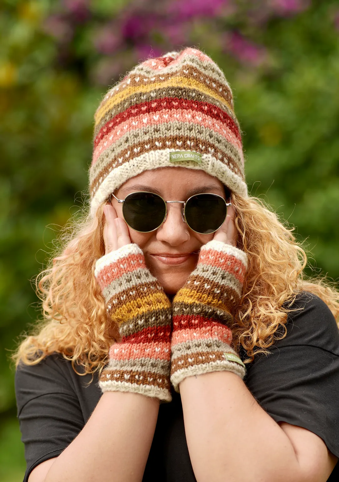 Handknited Pink and White Multicolored Hearshaped Pattern Sherpa Beanies