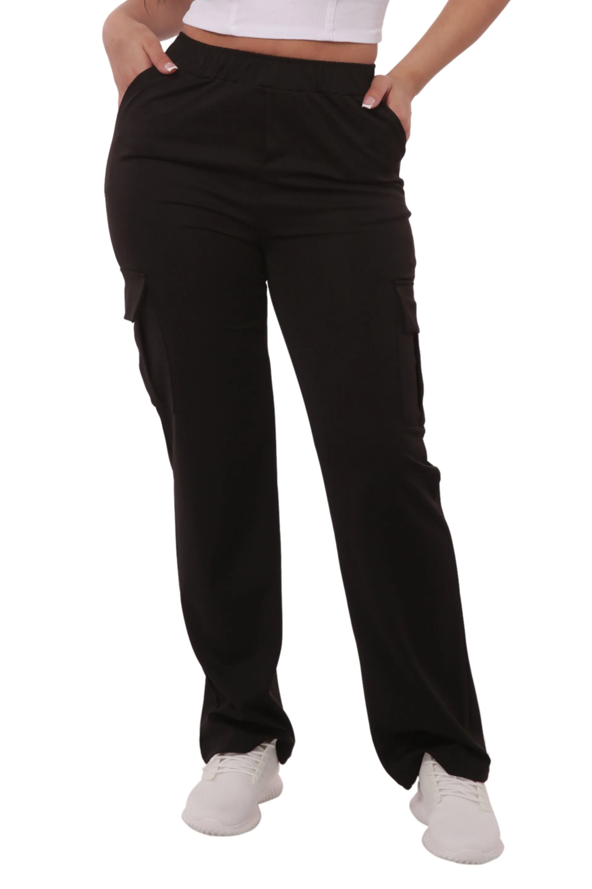 High Rise Straight Leg Cargo Pants - Black