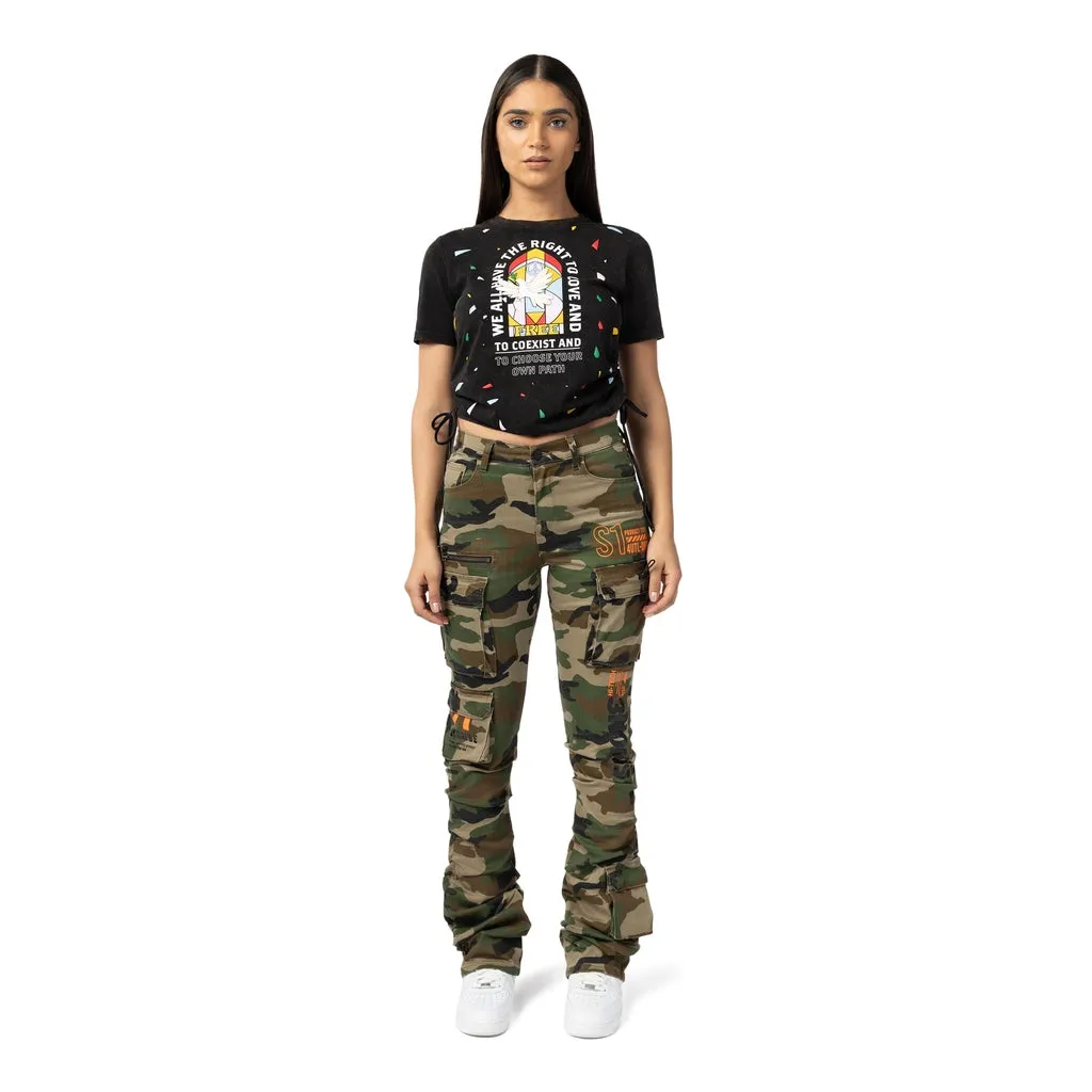 High Rise Utility Stacked Twill Pants - Wood Camo