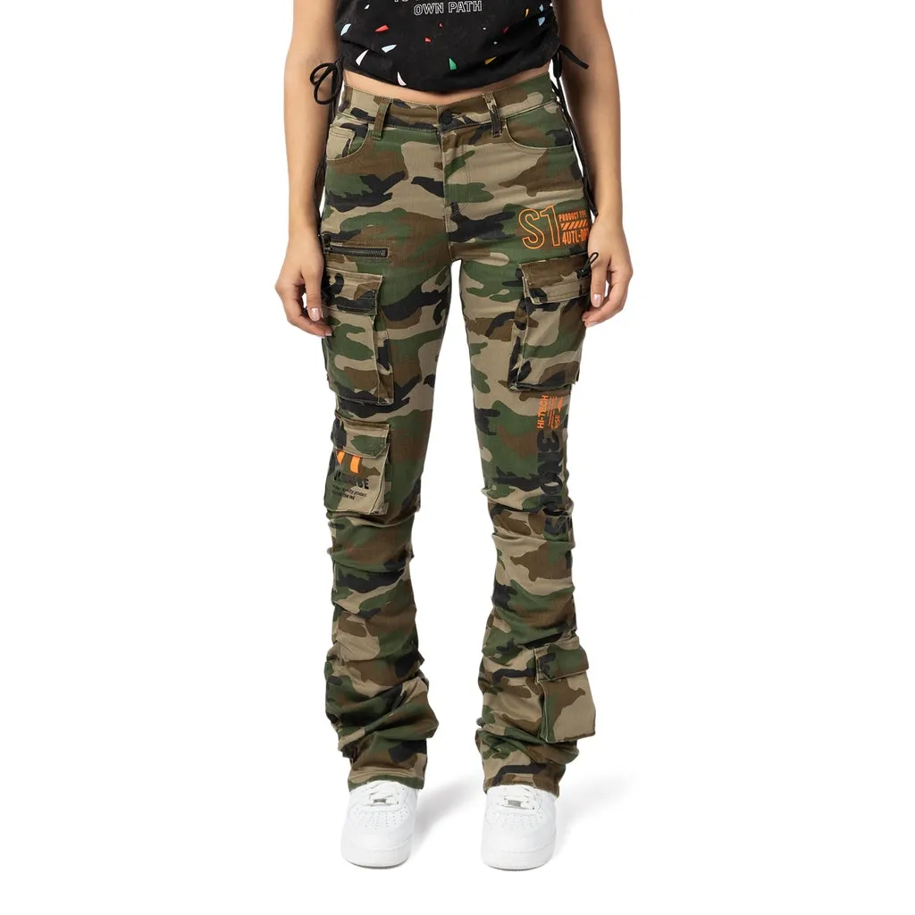 High Rise Utility Stacked Twill Pants - Wood Camo