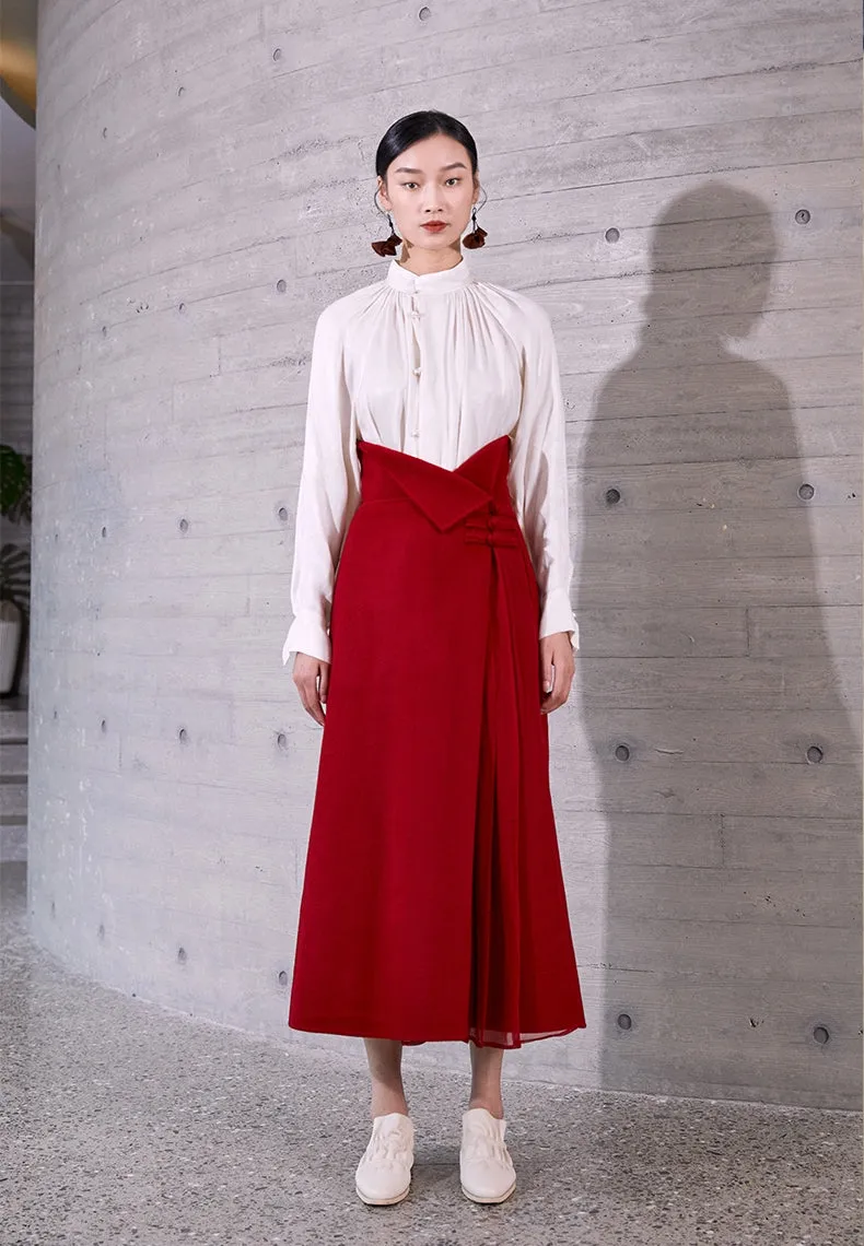 High Waist Pleated Wrap Long Woolen Skirt / Chinese Style