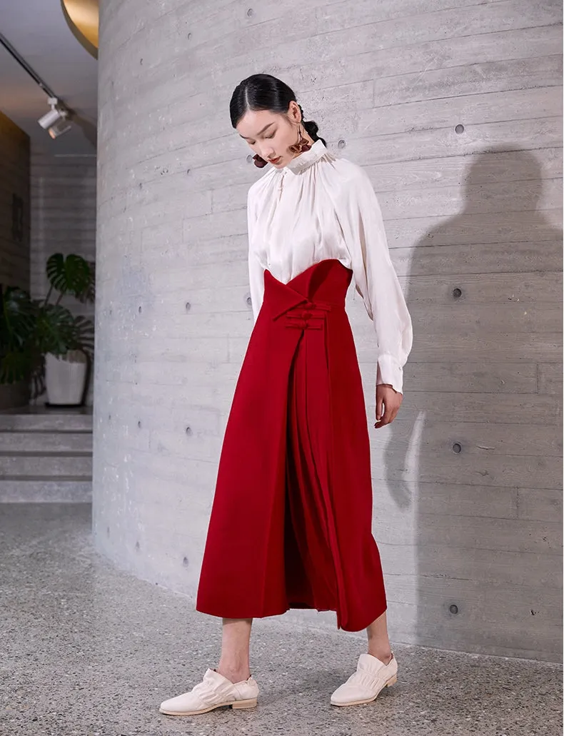 High Waist Pleated Wrap Long Woolen Skirt / Chinese Style