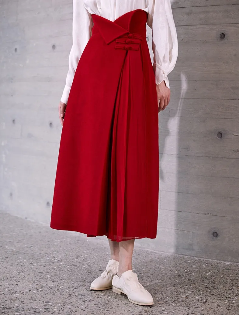 High Waist Pleated Wrap Long Woolen Skirt / Chinese Style