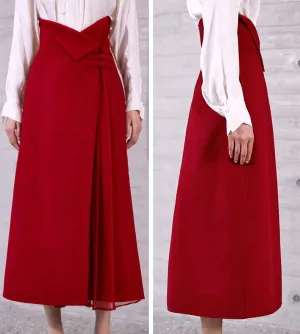 High Waist Pleated Wrap Long Woolen Skirt / Chinese Style