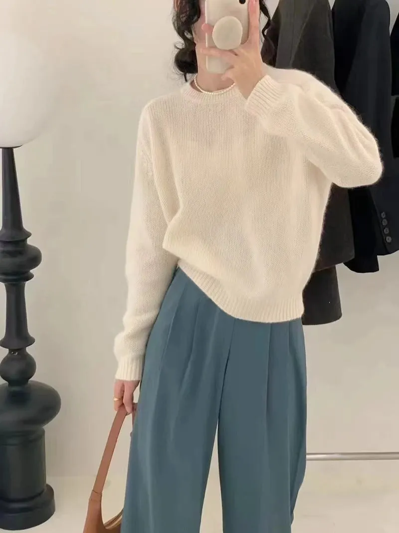 Hnzxzm High-grade ~ Autumn Cashmere Sweater Women's Crewneck Sweater Loose Pullover Wool Knit Bottom Sweater Lazy Wind Top