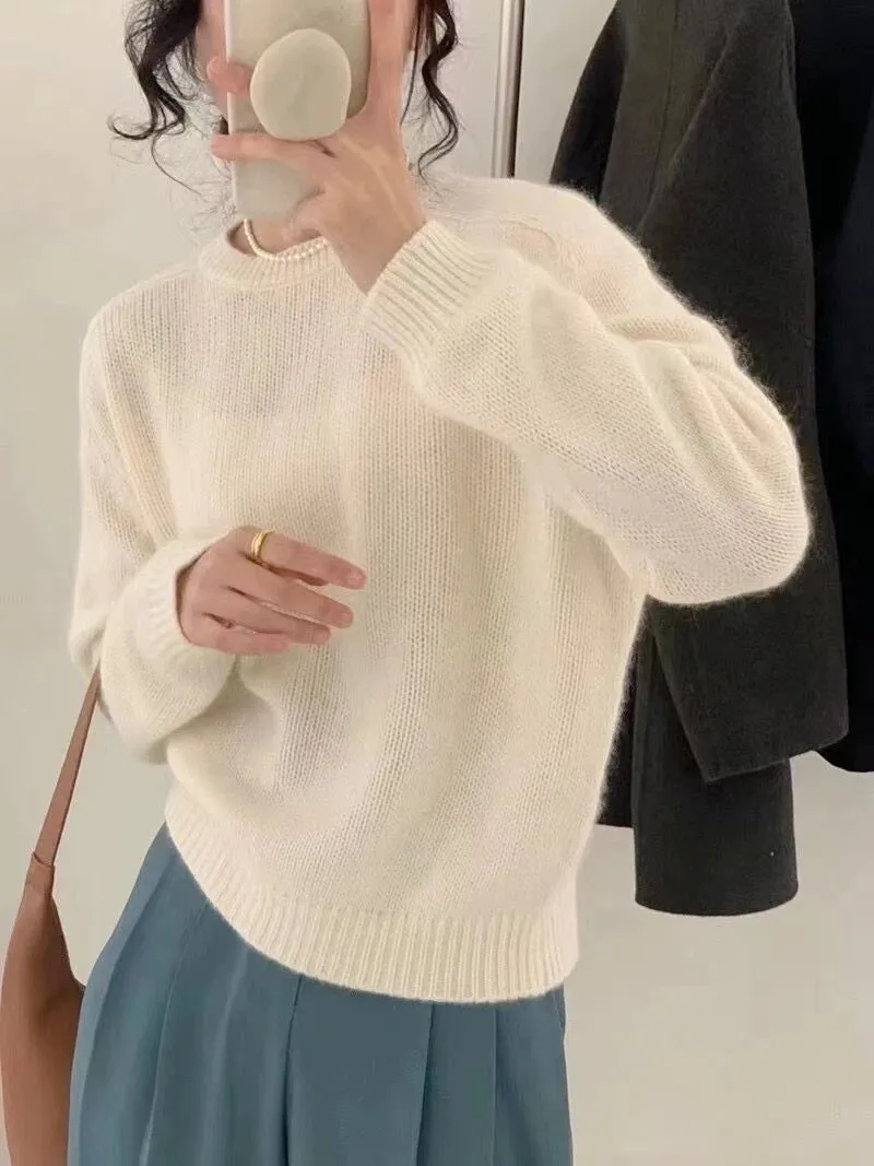 Hnzxzm High-grade ~ Autumn Cashmere Sweater Women's Crewneck Sweater Loose Pullover Wool Knit Bottom Sweater Lazy Wind Top