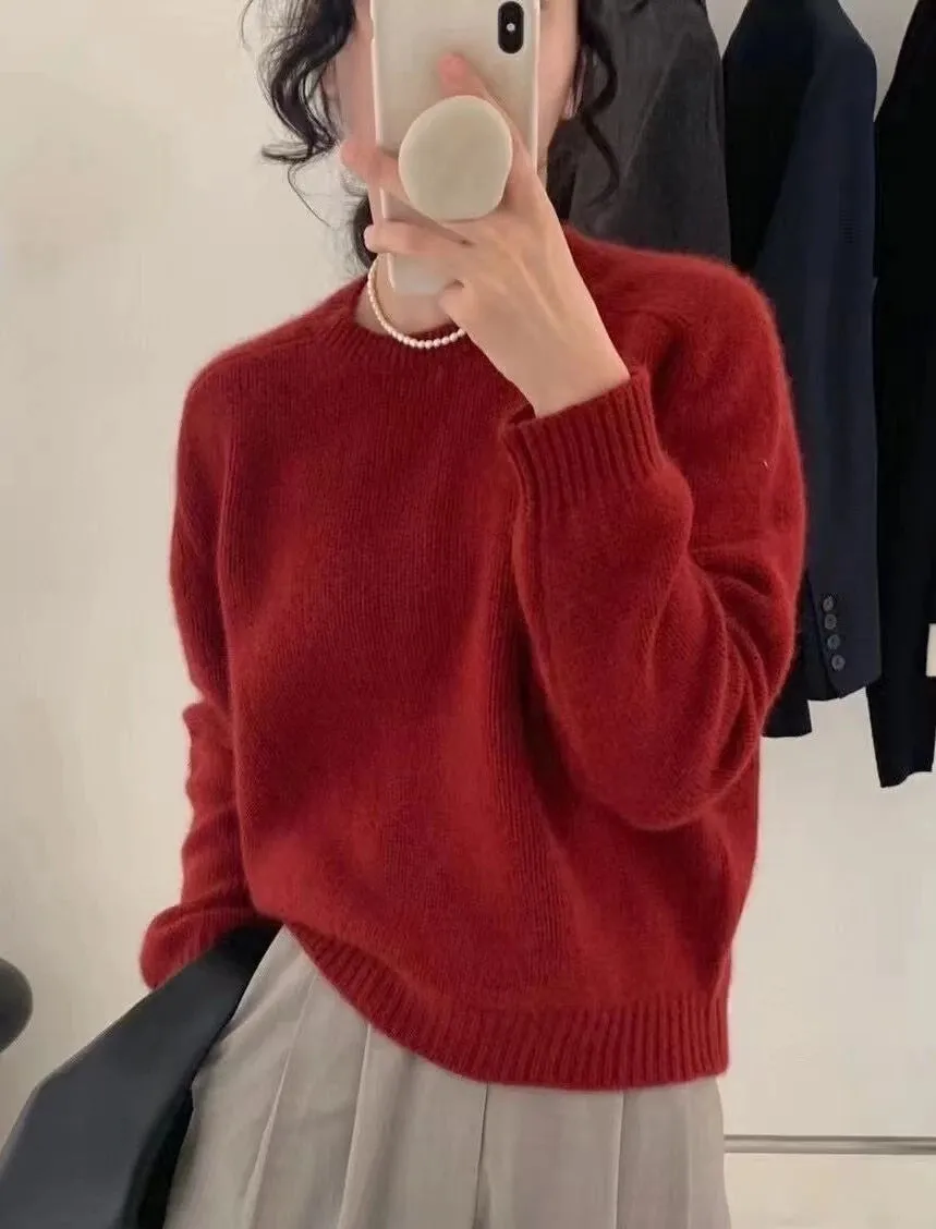 Hnzxzm High-grade ~ Autumn Cashmere Sweater Women's Crewneck Sweater Loose Pullover Wool Knit Bottom Sweater Lazy Wind Top