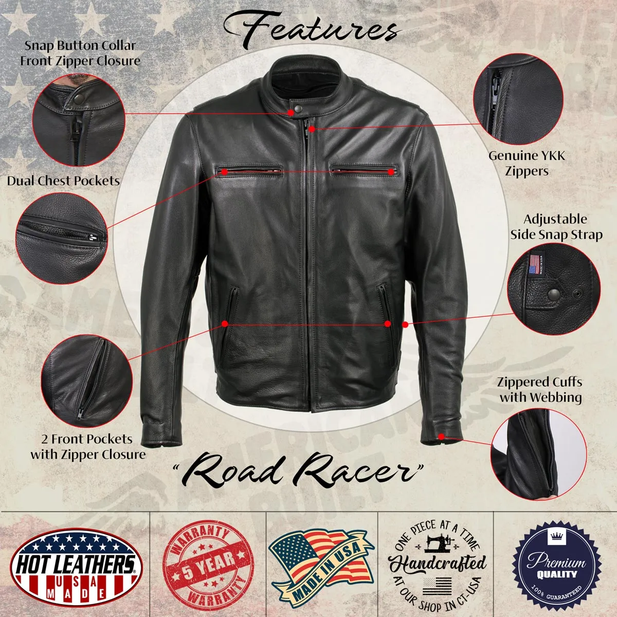 Hot Leathers JKM5001 USA Made Men's 'Road Racer' Premium Leather Motorcycle Jacket