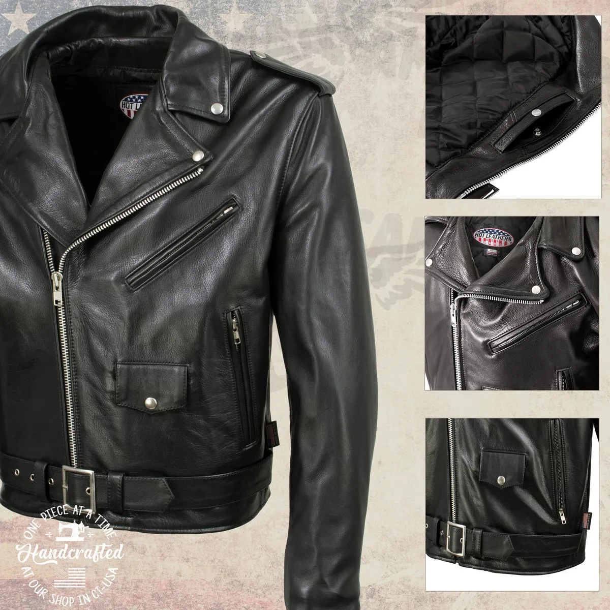 Hot Leathers JKM5009 USA Made Men's 'The Dean' Black Premium Leather Throwback Motorcycle Jacket