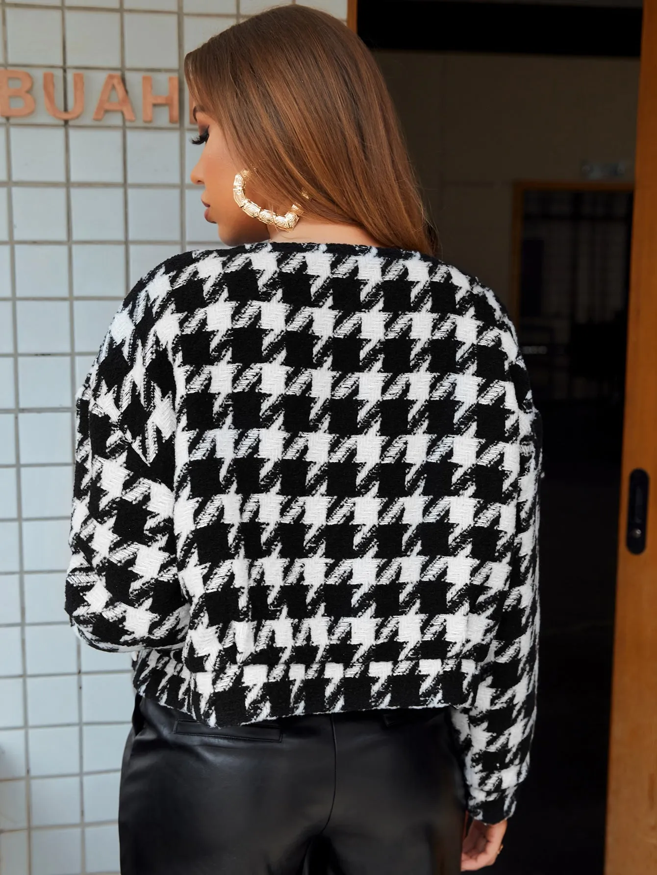 Houndstooth Button Front Long Sleeve Round Neck Crop Women Overcoat