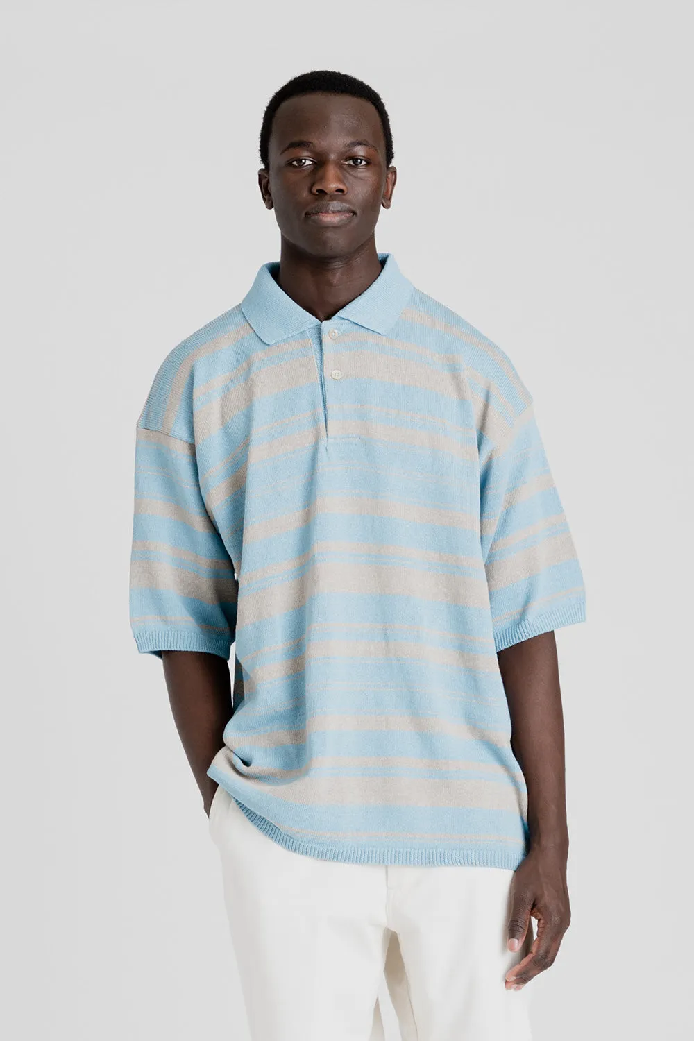 H/S Stripe Polo Sweater - Sax