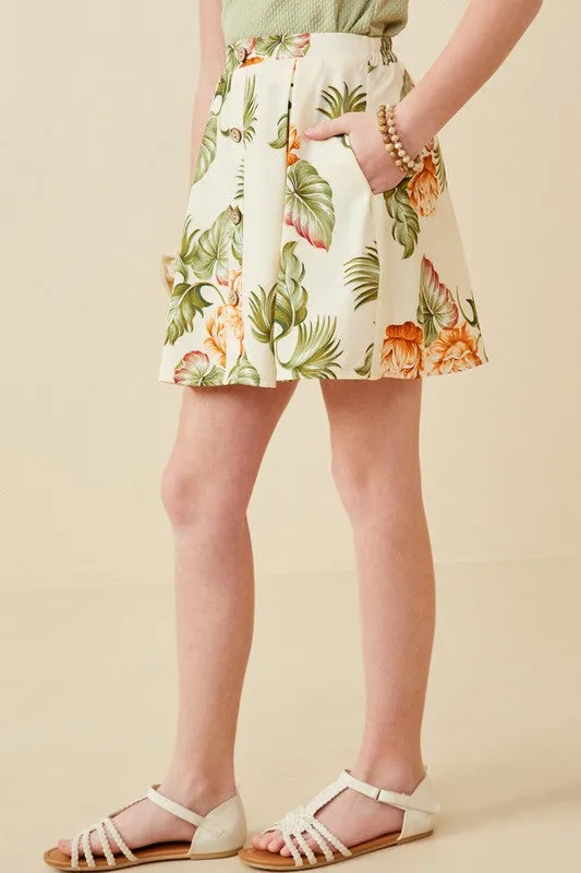 Ivory Girls Tropical Floral Button Detail Pleated Skirt