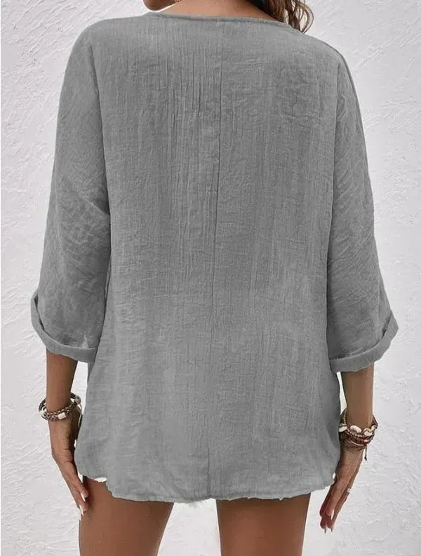 Ivyshape | Button Down Cotton and Linen Long Sleeve Blouse for Women