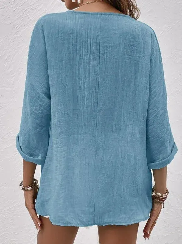 Ivyshape | Button Down Cotton and Linen Long Sleeve Blouse for Women