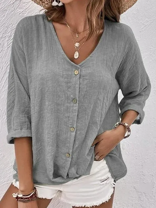 Ivyshape | Button Down Cotton and Linen Long Sleeve Blouse for Women