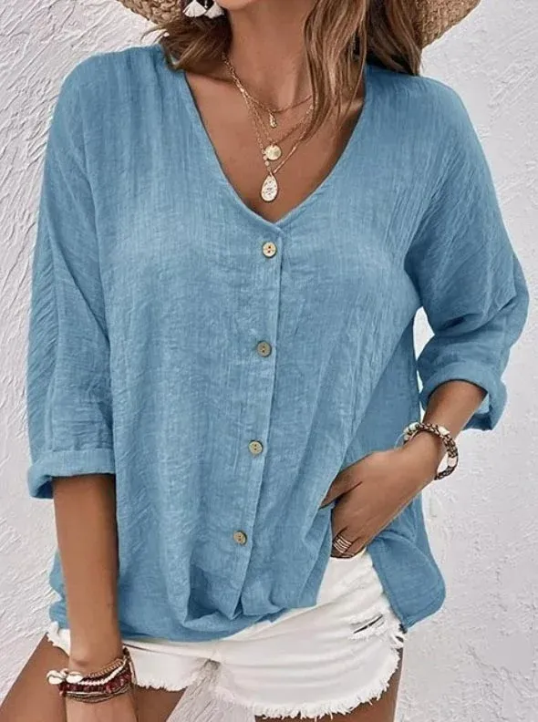 Ivyshape | Button Down Cotton and Linen Long Sleeve Blouse for Women