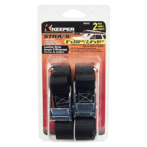 Keeper - 1" x 8' Cargo Lashing Strap, 2 Pack - 200 lbs. Working Load Limit And 600 lbs. Break Strength