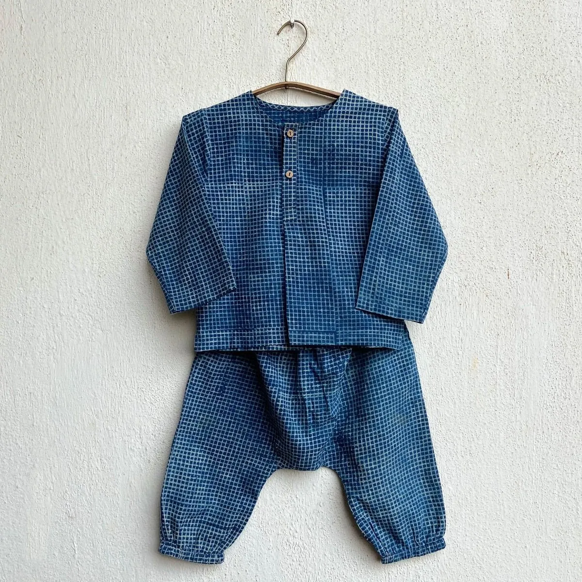 Kids Unisex Organic Cotton Indigo Check Kurta and Matching Pants