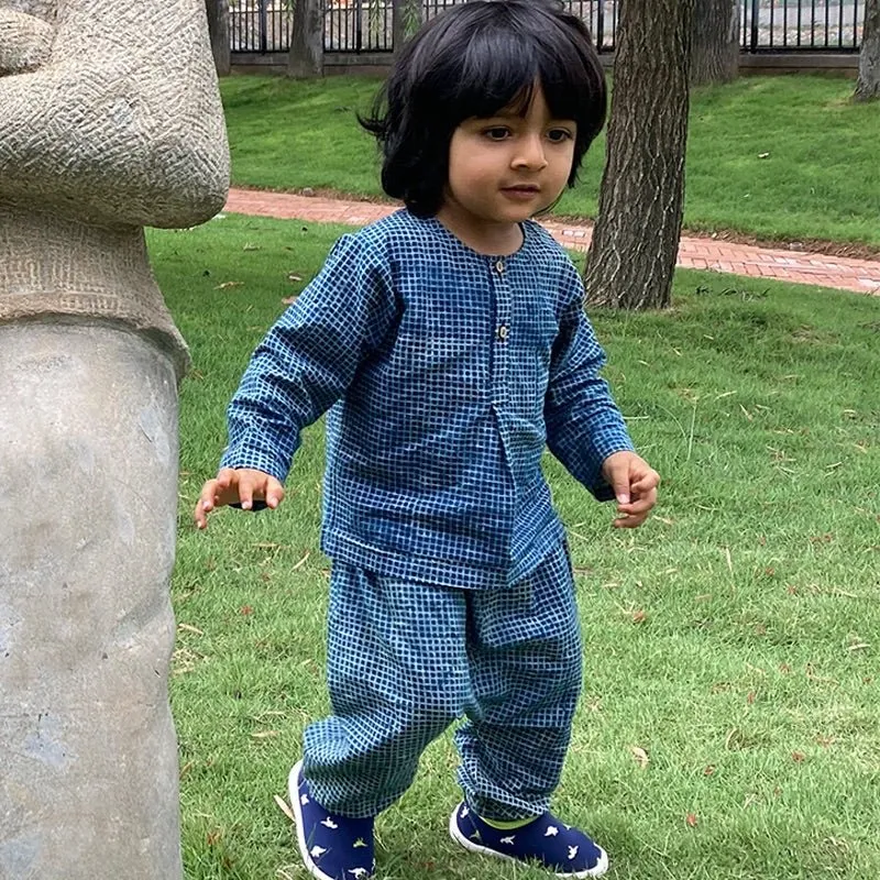 Kids Unisex Organic Cotton Indigo Check Kurta and Matching Pants