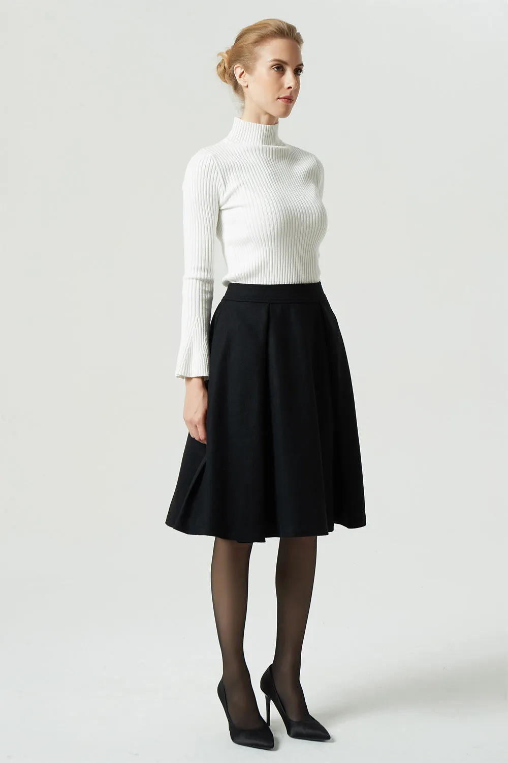 knee length black wool skirt, pleated circle skirt 1992#