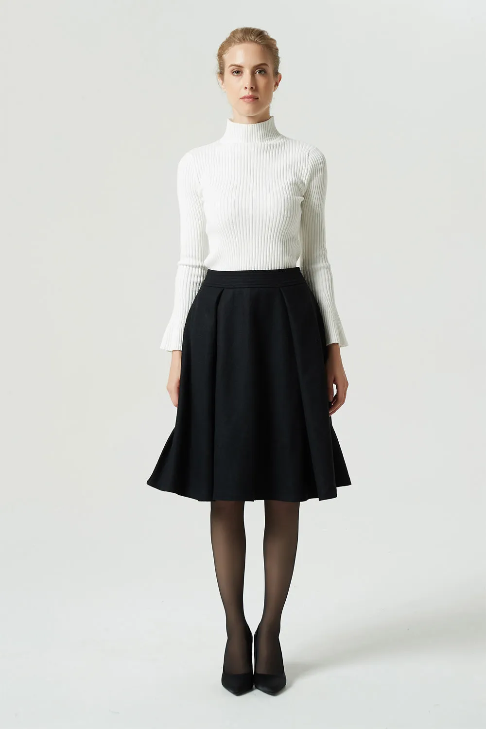 knee length black wool skirt, pleated circle skirt 1992#