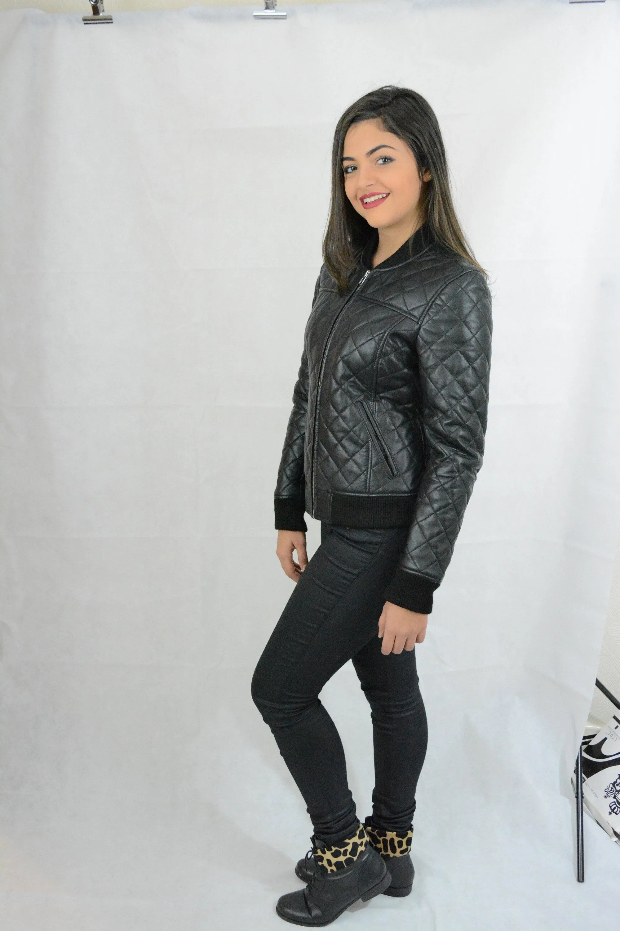 Ladies Black Casual Winter Leather Bomber Quilted Jacket Sheep Skin A Grade Quality Size M