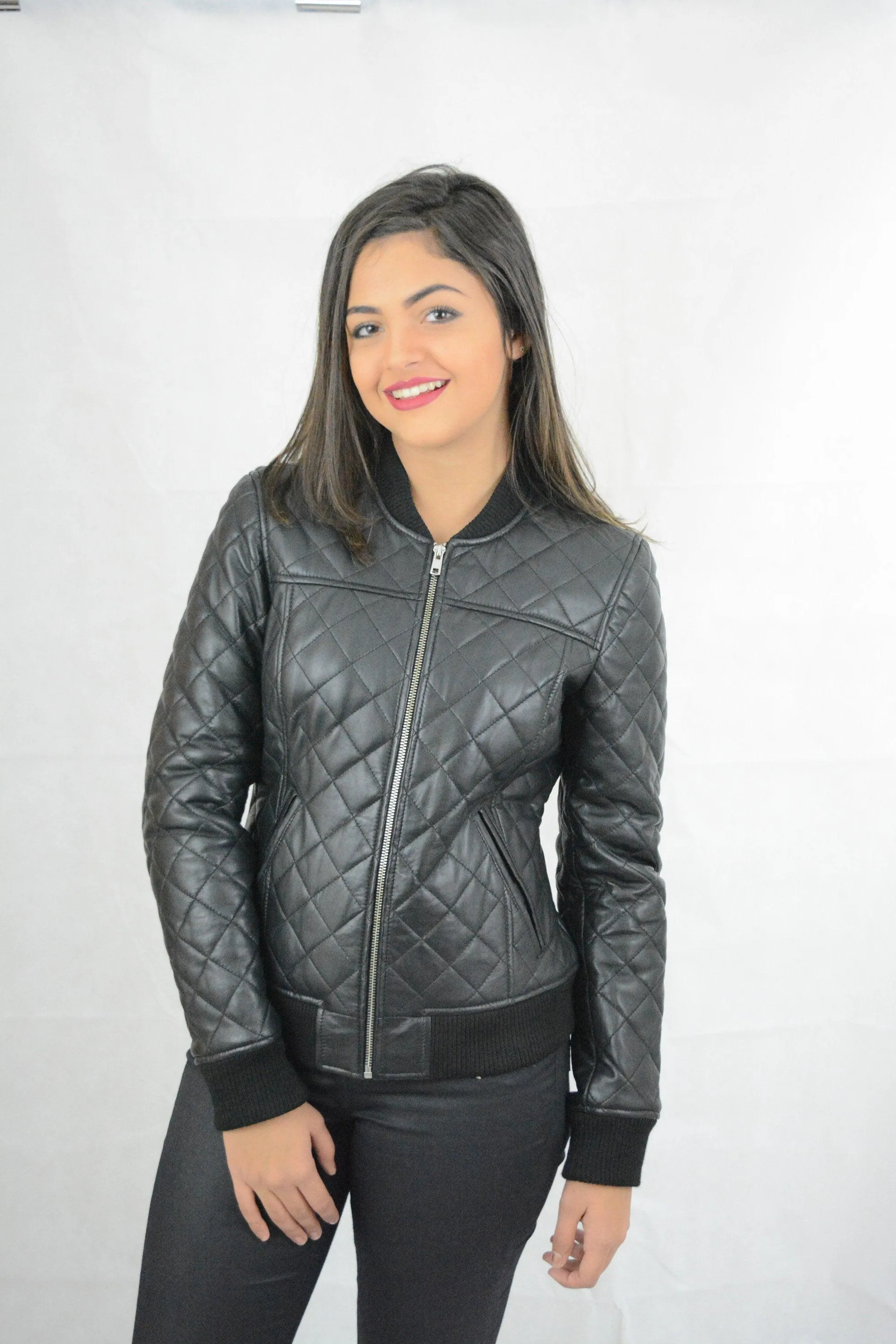 Ladies Black Casual Winter Leather Bomber Quilted Jacket Sheep Skin A Grade Quality Size M