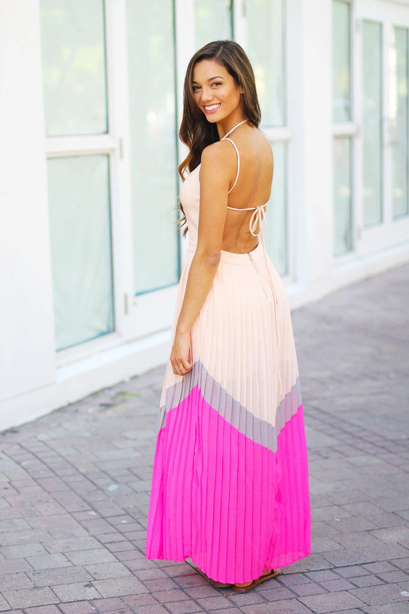 Light Peach Pleated Maxi Dress