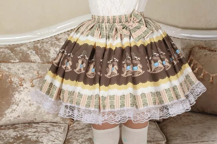 Lolita Sweet Hobbyhorse Printed Khaki Short Lolita Skirt with Lace Trimming