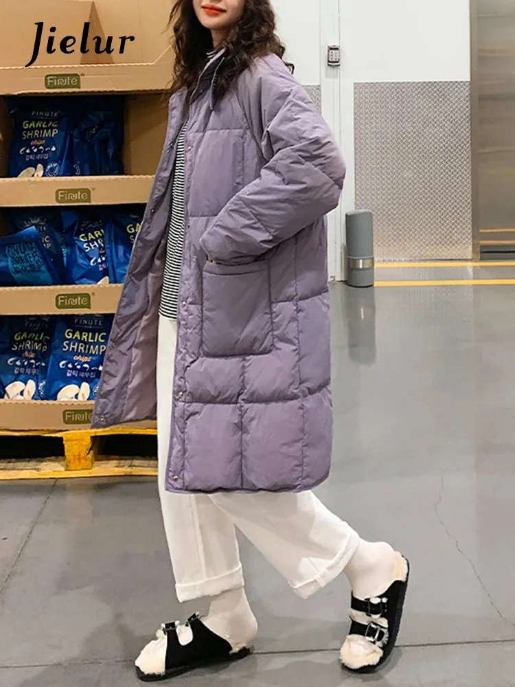 Long Down Jacket Woman New Big Pocket Windproof Buttons Winter Purple Parkas Fashion Stand Collar Cotton Coat Women S-XL